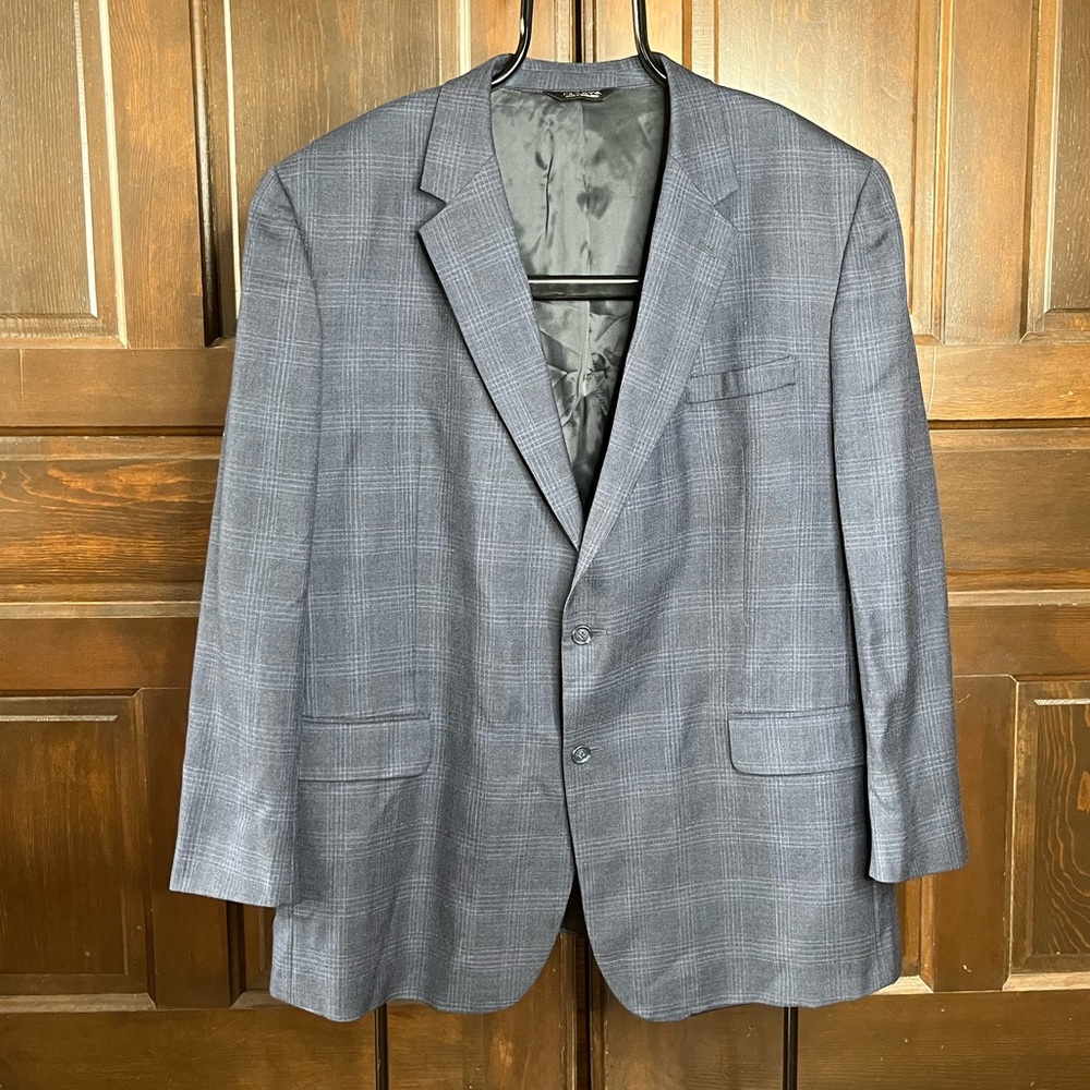 Jos A Bank Men's 52L Blue Wool Blazer Jacket Sport Coat Windowpane Check Repair